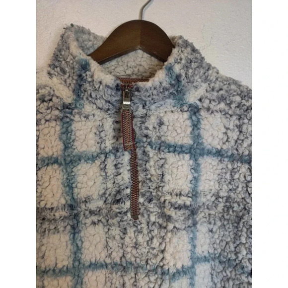 True Grit Sherpa Frosty Plaid Pullover Blue White Sweatshirt Size M - Picture 3 of 5